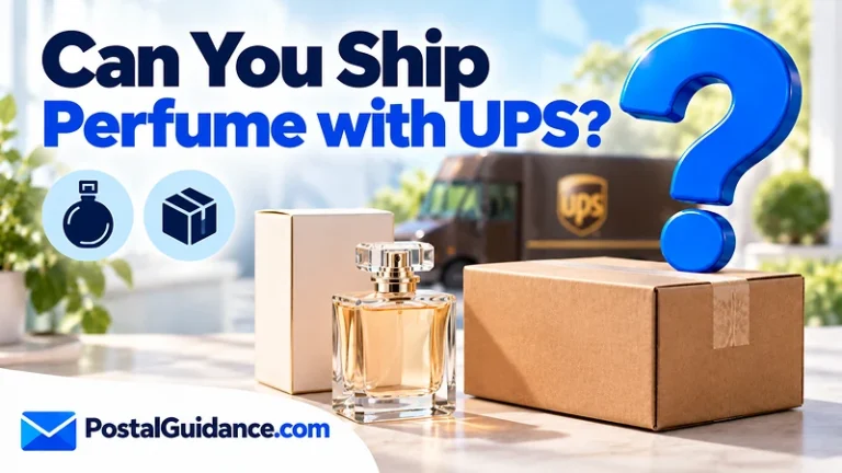 Perfume bottle and parcel beside a UPS backdrop beneath a perfume shipping question.