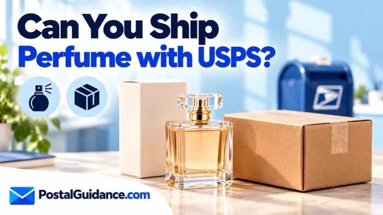 Unlabeled perfume bottle beside a parcel beneath a question about shipping perfume with USPS.