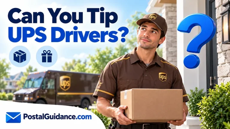 UPS delivery driver holding a parcel beside a question mark and the headline Can You Tip UPS Drivers?