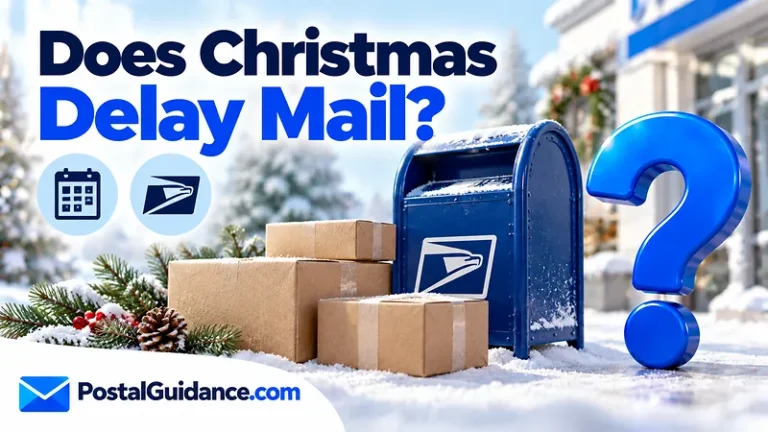 Postal collection box and Christmas greenery beneath a mail-delay question.