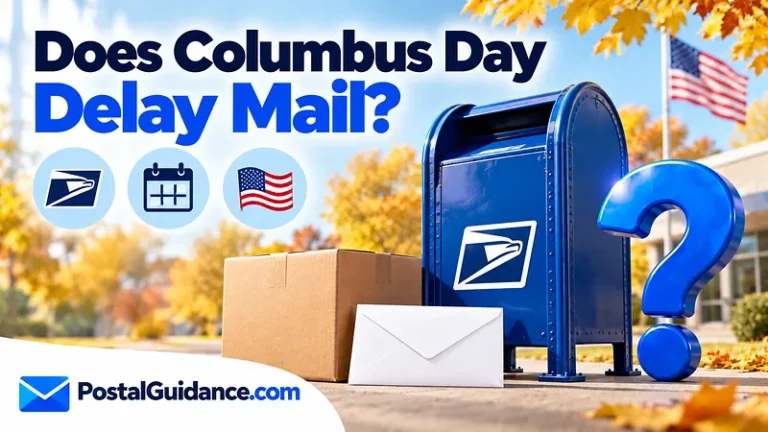 Postal collection box and autumn foliage beneath a Columbus Day delay question.