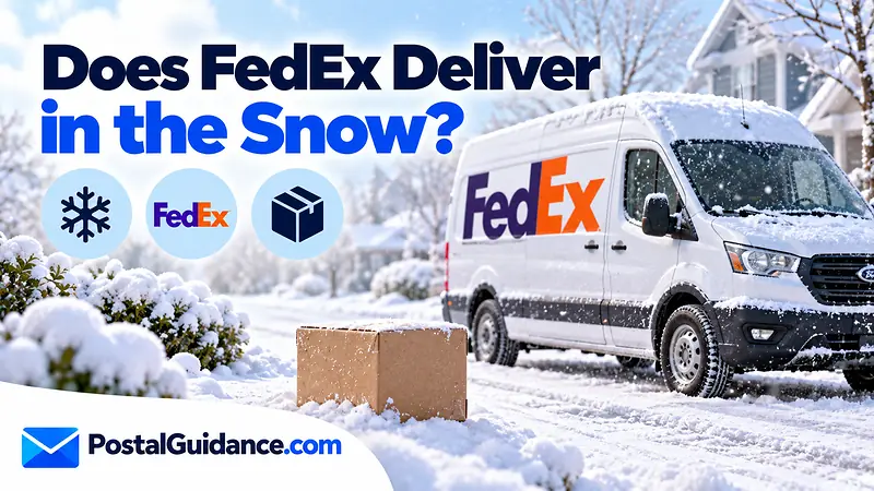 Stationary FedEx van on a snowy street beneath a winter delivery question.
