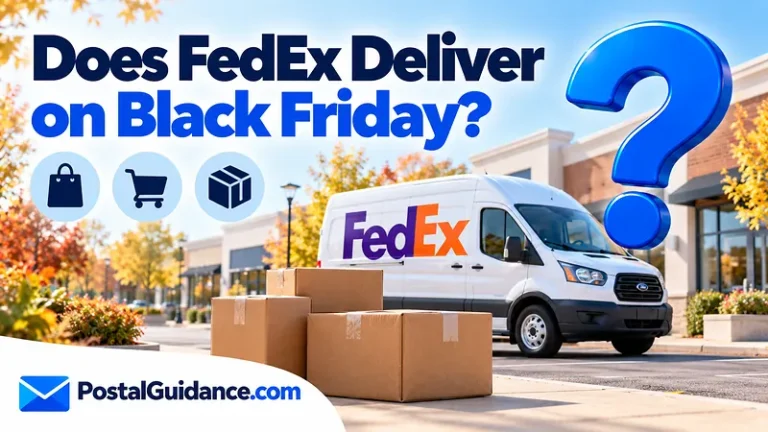 Parked FedEx van and shopping parcels beneath a Black Friday delivery question.