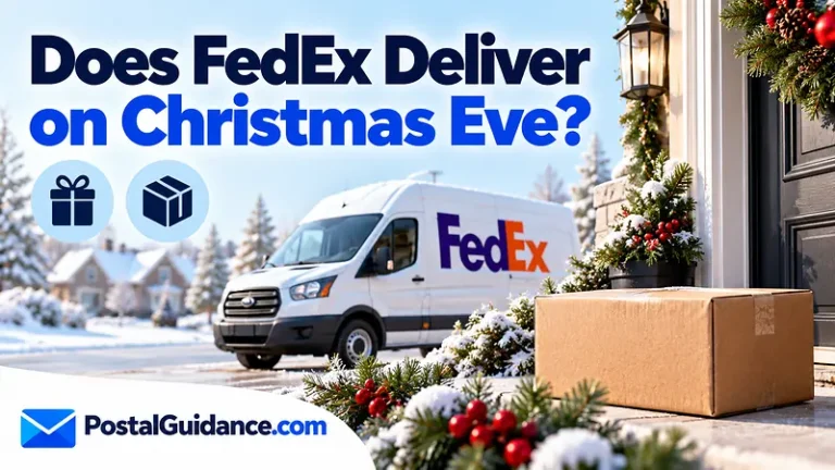 Parked FedEx vehicle and festive greenery beneath a Christmas Eve delivery question.