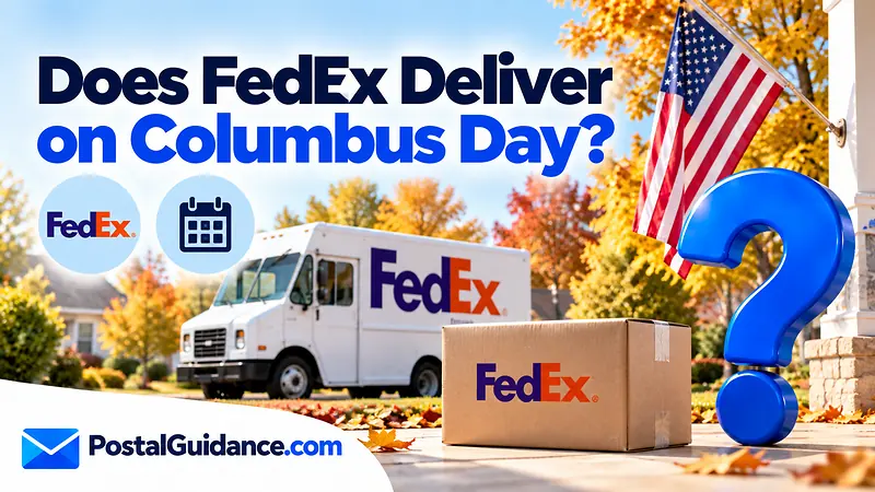 Parked FedEx truck and autumn trees beneath a Columbus Day delivery question.