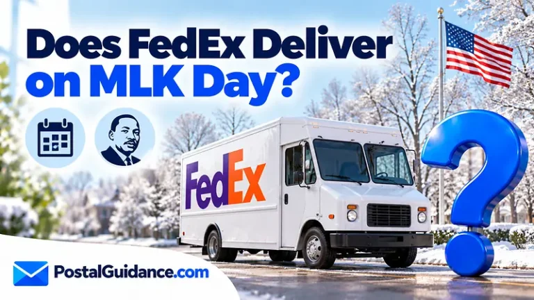 FedEx truck and American flag beneath an MLK Day delivery question.
