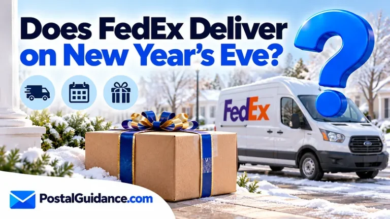 Parked FedEx van and festive ribbons beneath a New Year's Eve delivery question.
