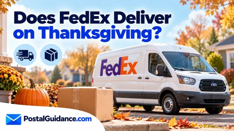 Parked FedEx vehicle and autumn decorations beneath a Thanksgiving delivery question.