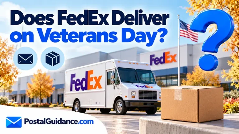 Parked FedEx truck and American flag beneath a Veterans Day delivery question.