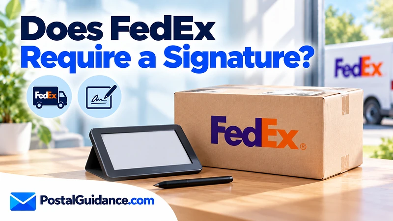 FedEx parcel and unsigned tablet beneath a signature requirement question.