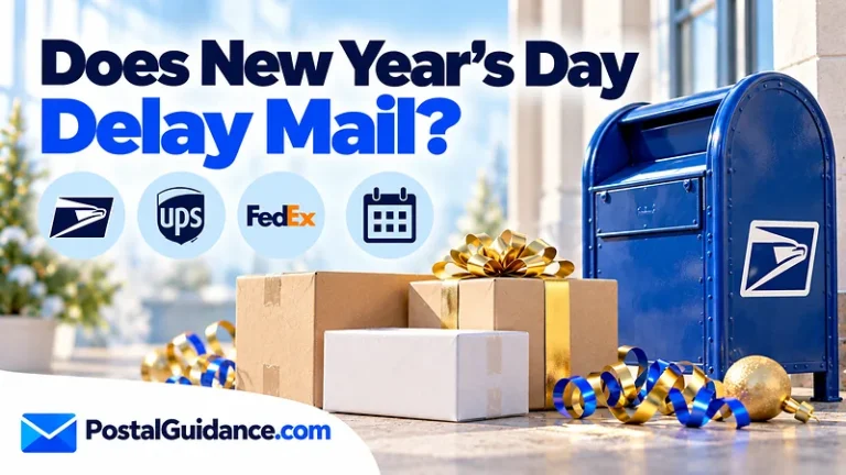 Mail collection box and festive decorations beneath a New Year's Day delay question.