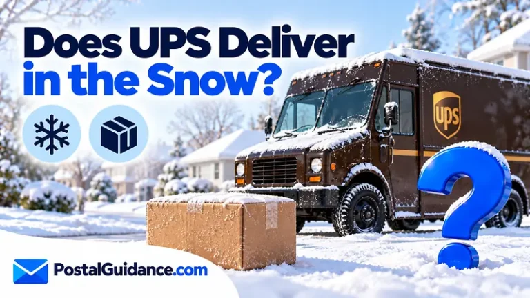 Parked UPS truck in a snowy street beneath a winter delivery question.