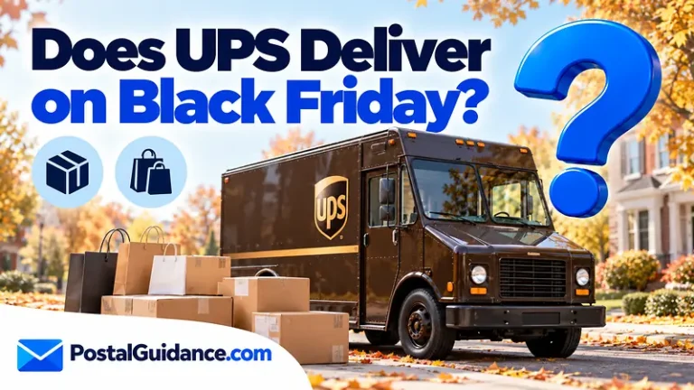 Parked UPS truck and shopping parcels beneath a Black Friday delivery question.