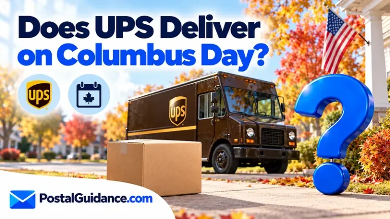Parked UPS truck and autumn foliage beneath a Columbus Day delivery question.