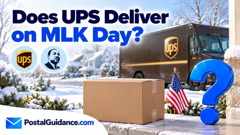 Parked UPS truck and flag beneath an MLK Day delivery question.