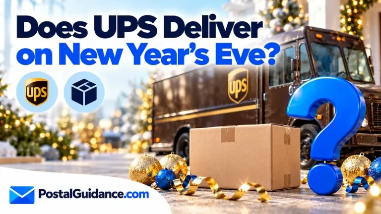 UPS truck and festive decorations beneath a New Year's Eve delivery question.