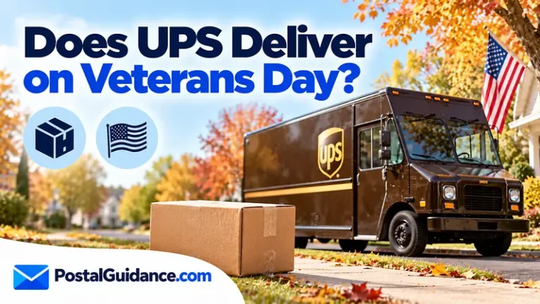 Parked UPS vehicle and American flag beneath a Veterans Day delivery question.