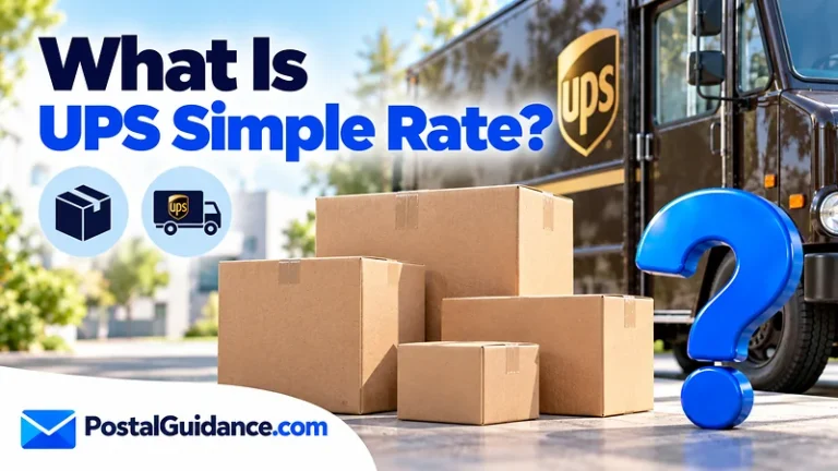 Plain boxes and UPS vehicle beneath a Simple Rate question.