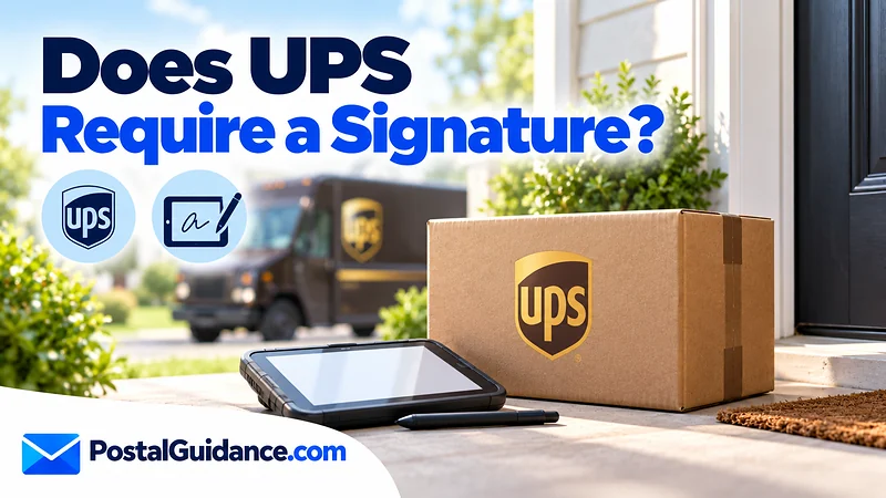 UPS parcel and unsigned tablet beneath a signature requirement question.