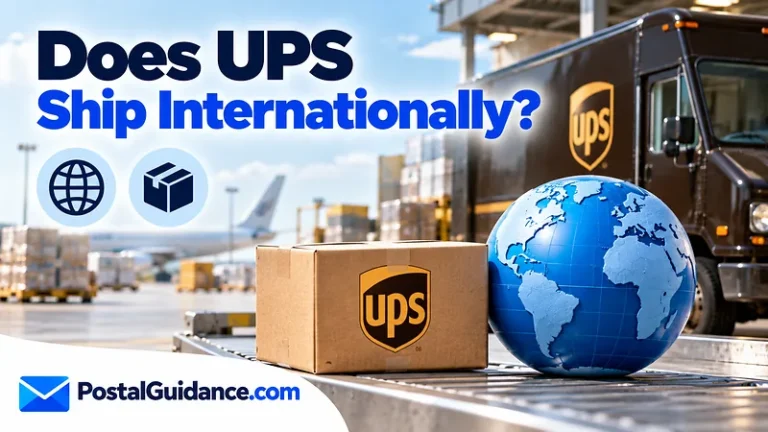 UPS vehicle, parcel and globe beneath an international shipping question.