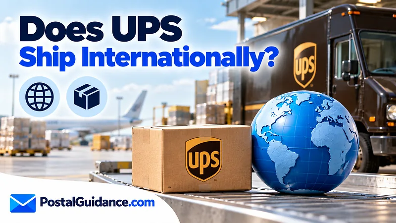 UPS vehicle, parcel and globe beneath an international shipping question.