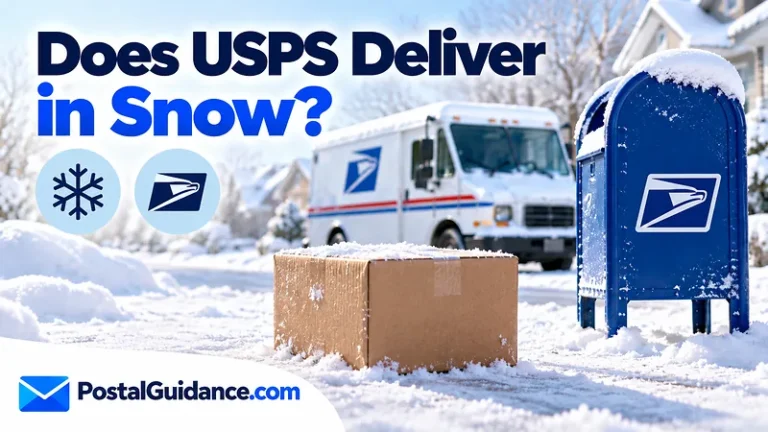 Postal vehicle and collection box in snow beneath a USPS delivery question.
