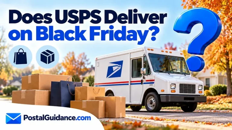 Parked postal vehicle and shopping parcels beneath a Black Friday delivery question.