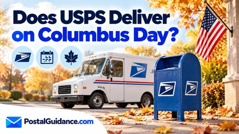 USPS vehicle and collection box beneath a Columbus Day delivery question.