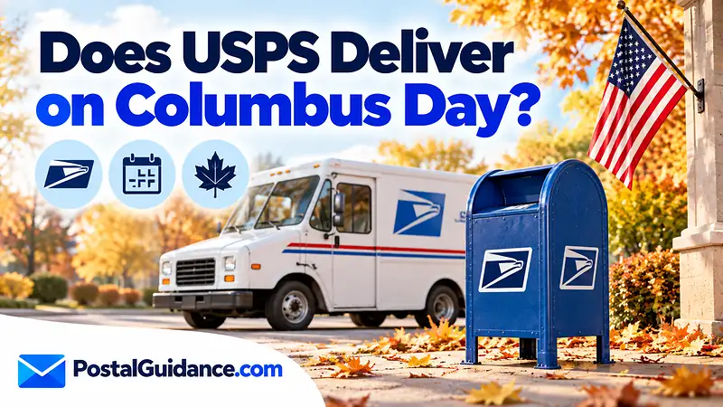USPS vehicle and collection box beneath a Columbus Day delivery question.