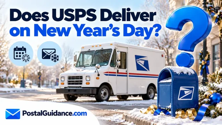 Postal vehicle and collection box beneath a New Year's Day delivery question.
