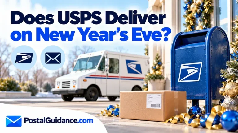 Postal vehicle and festive decorations beneath a New Year's Eve delivery question.