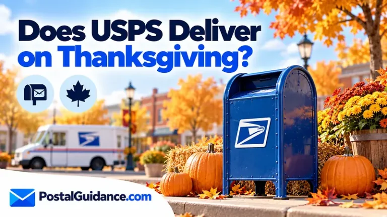Postal collection box in an autumn scene beneath a Thanksgiving mail delivery question.