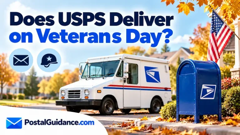 Postal vehicle, collection box and flag beneath a Veterans Day mail delivery question.