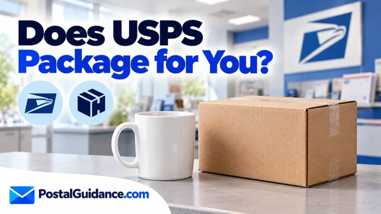 Mug and separate box beneath a USPS packing-service question.