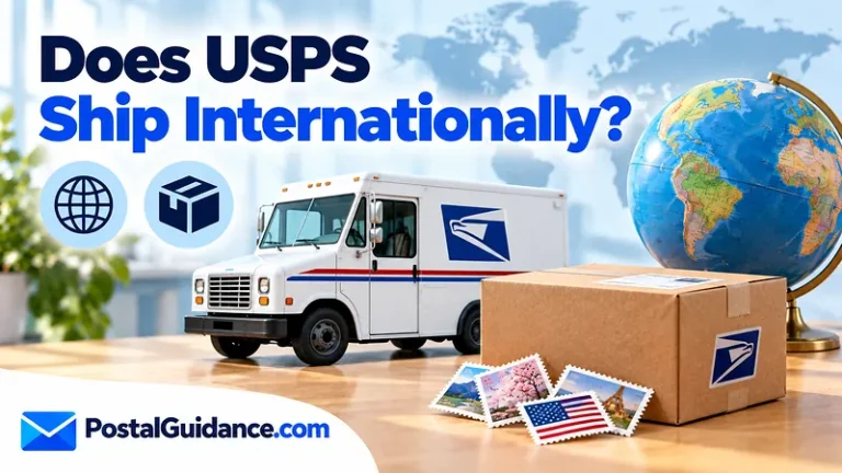 USPS vehicle, globe and parcel beneath an international shipping question.