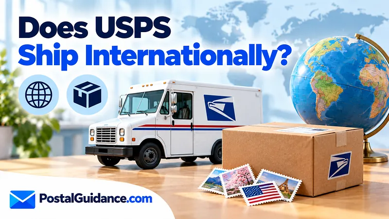 USPS vehicle, globe and parcel beneath an international shipping question.