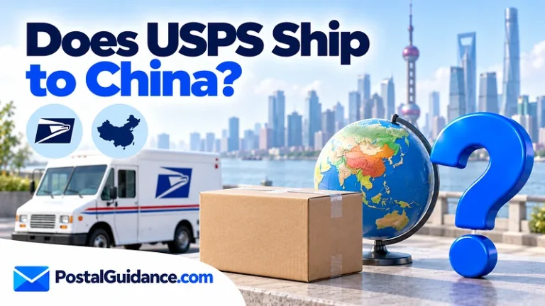 USPS vehicle, parcel and globe beneath a question about shipping to China.