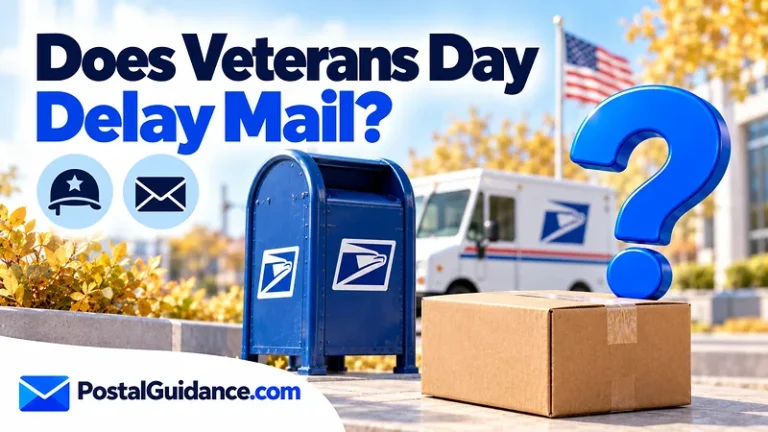 Postal collection box, vehicle and flag beneath a question about Veterans Day mail delays.