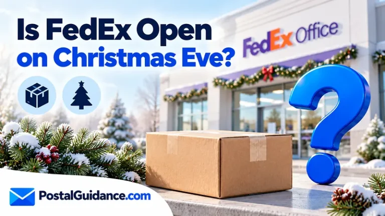 FedEx Office exterior and winter greenery beneath a Christmas Eve opening question.