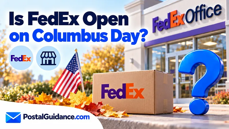 FedEx storefront and autumn leaves beneath a Columbus Day opening question.
