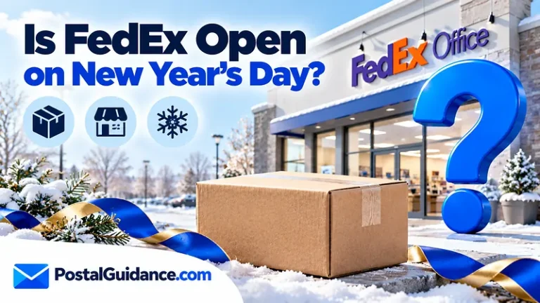 FedEx storefront and festive ribbons beneath a New Year's Day opening question.