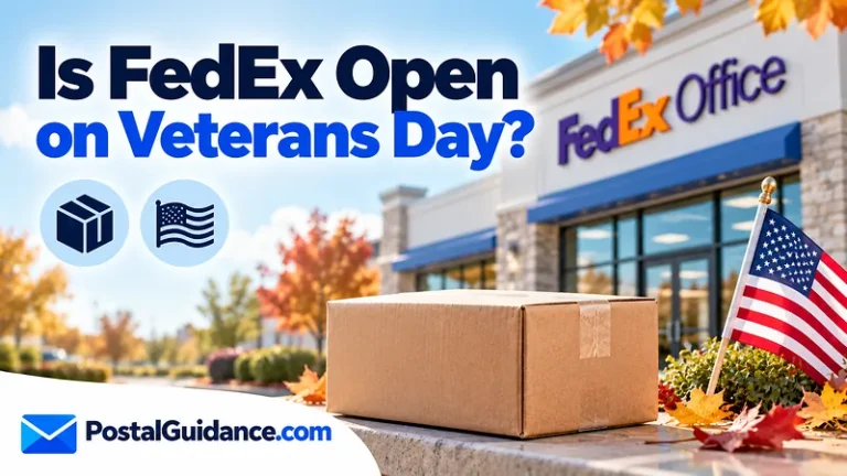FedEx location and American flag beneath a Veterans Day opening question.