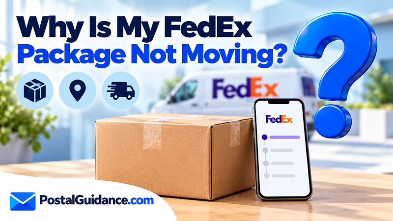 Parcel and phone beside a parked FedEx vehicle beneath a package tracking question.