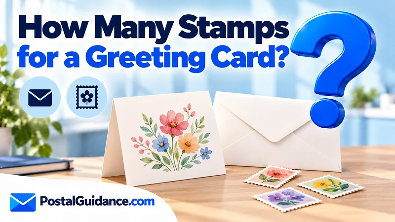 Greeting card, envelope back and symbolic loose stamps beneath a postage question.