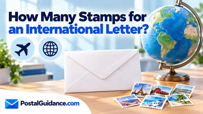 Envelope, globe and loose symbolic stamps beneath an international postage question.