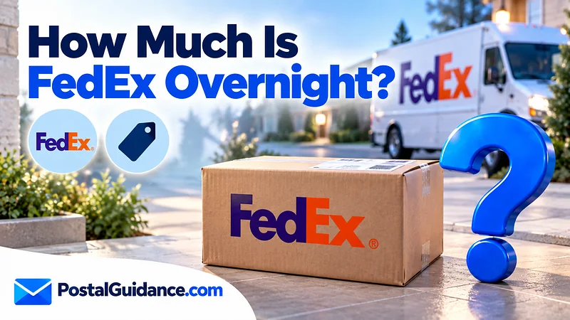 FedEx parcel and vehicle beneath an overnight-shipping price question.