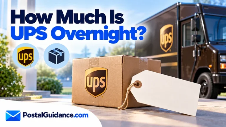 UPS parcel and vehicle beneath an overnight-shipping price question.