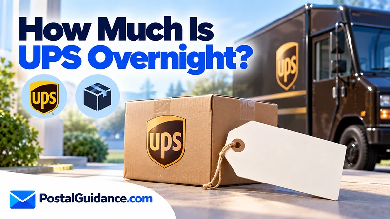 UPS parcel and vehicle beneath an overnight-shipping price question.