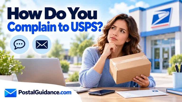 Thoughtful customer beside a parcel and phone beneath a question about complaining to USPS.