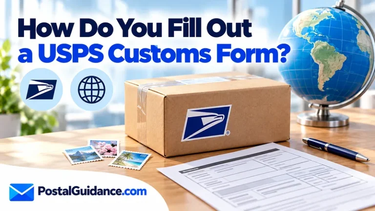Parcel and customs-document illustration beneath a form question.